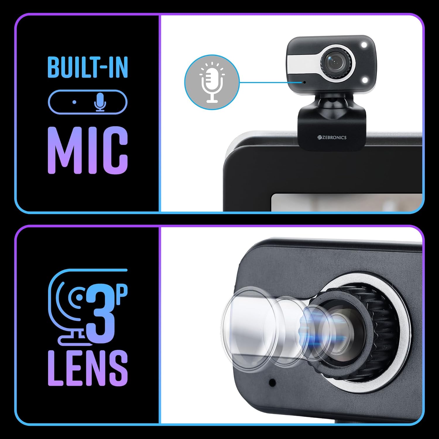 Zebronics Zeb-Crystal Clear Web Camera with 3P Lens,Built-in Microphone,Auto White Balance,Night Vision and Manual Switch for LED (Black)