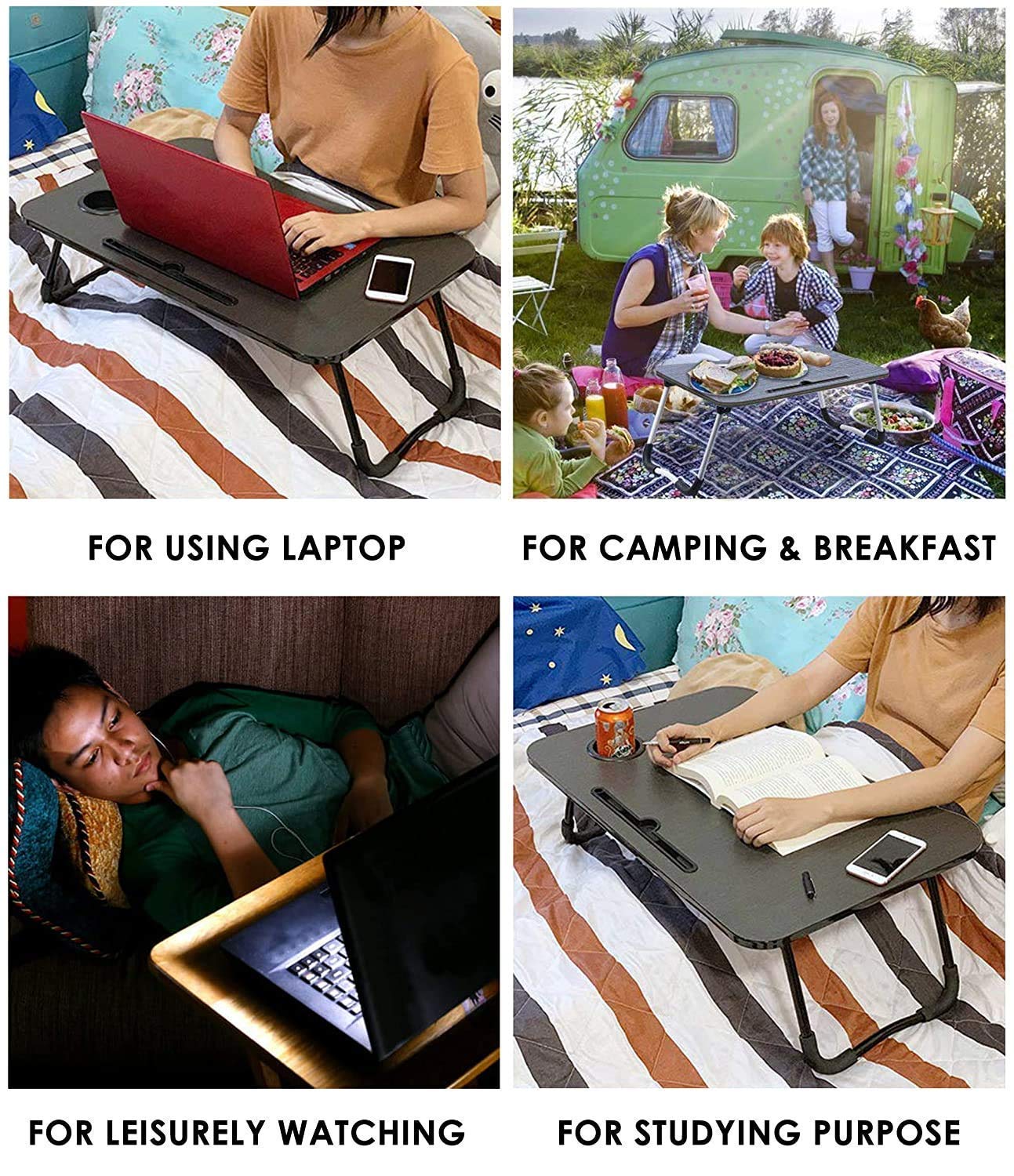 AUNO Wood Standard Multi-Purpose Laptop Table With Dock Stand/Study/Bed Table/Foldable & Portable/Ergonomic & Rounded Edges/Non-Slip Legs/Engineered Lapdesk With Cup Holder Black 39.4 Cm, 59.7 cm