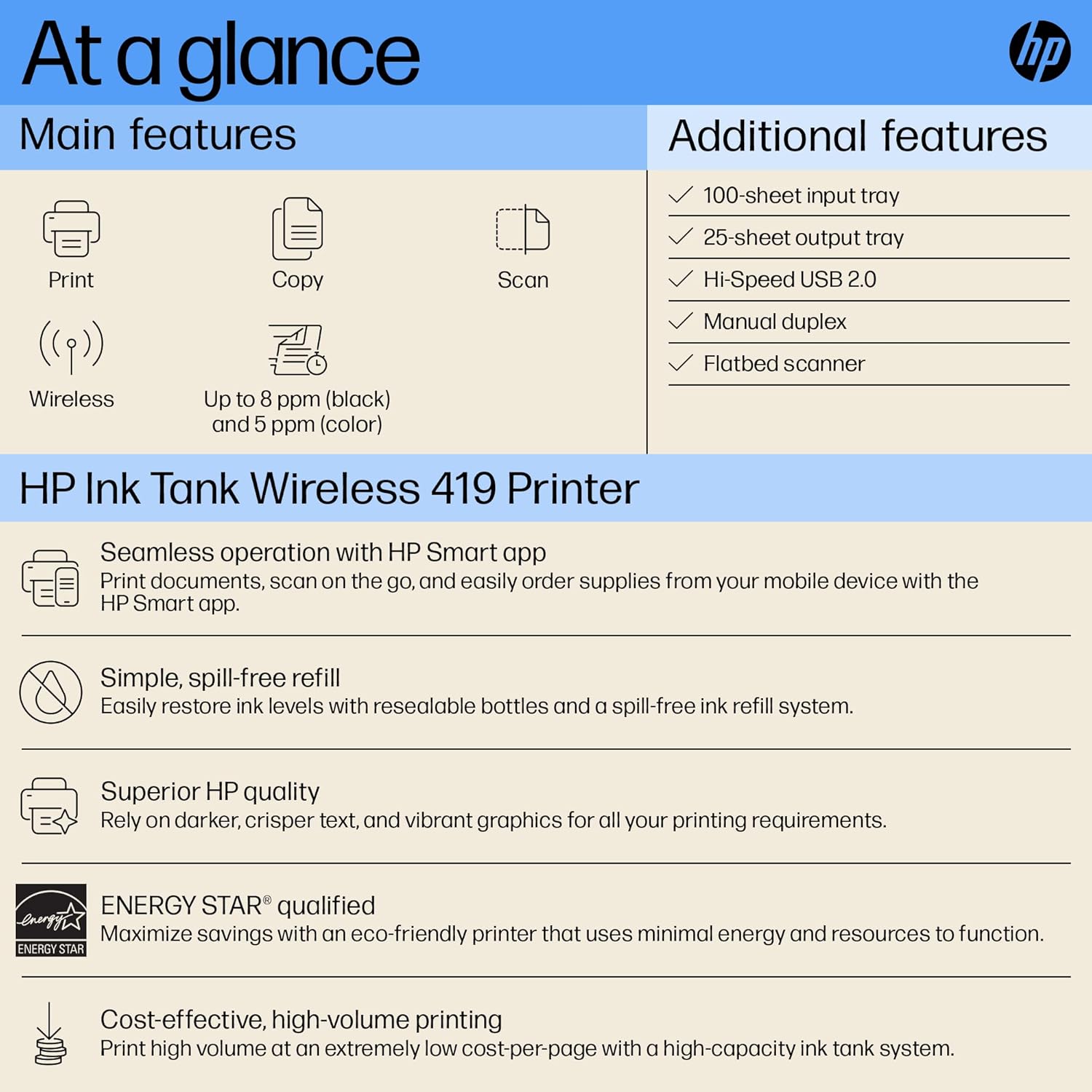 HP Ink Tank 419 All-in-one WiFi Colour Printer with 1 Additional Black Ink Bottle in The Box, Print, Scan & Copy for Office/Home