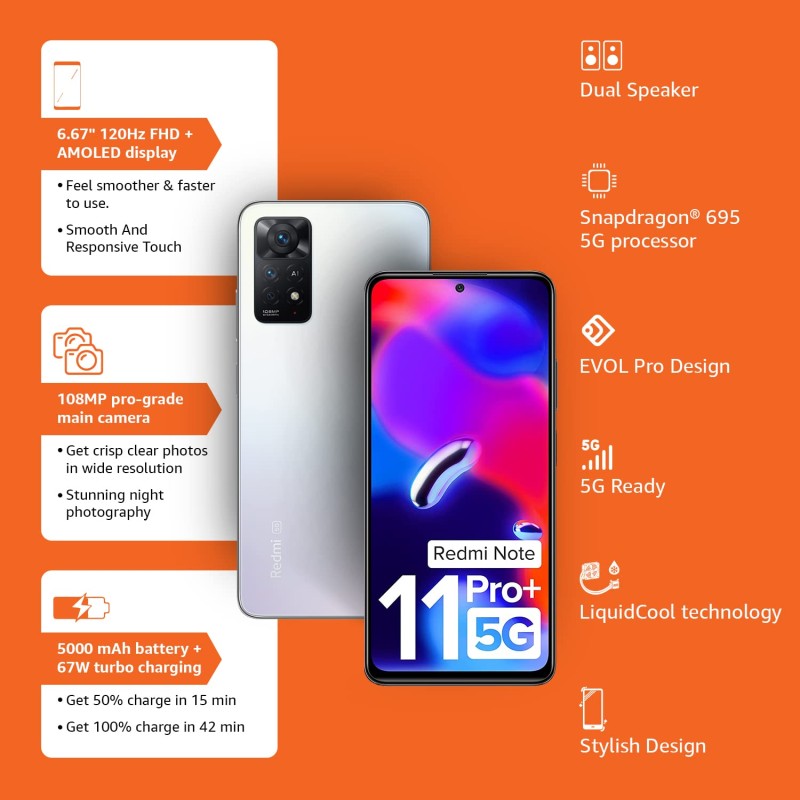 (Refurbished) Redmi Note 11 Pro + 5G (Phantom White, 6GB RAM, 128GB Storage)