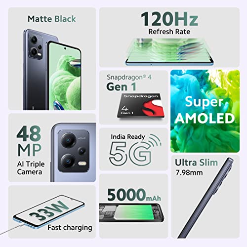(Refurbished) Redmi Note 12 5G Matte Black 4GB RAM 128GB ROM | 1st Phone with 120Hz Super AMOLED