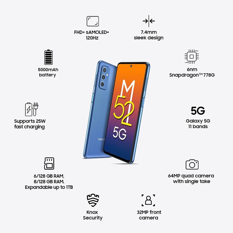 (Refurbished) Samsung Galaxy M52 5G 8GB RAM 128GB Storage Icy Blue