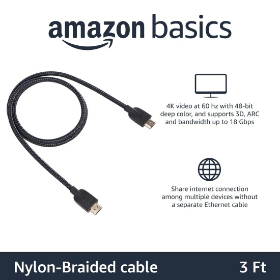 Amazon Basics High-Speed Braided HDMI Cable - 3 Feet - Supports Ethernet, 3D, 4K and Audio Return (Black)