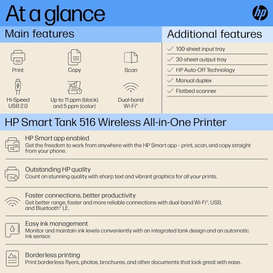 HP Ink Tank 516 Color Printer, Scanner, & Copier with High Capacity Tank for Home, (refurbished)