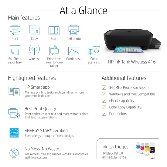HP Ink Tank Wireless 416 Printer, All-in-One, Print, Copy, Scan, (refurbished) HP Ink Tank Wireless 416 Printer, All-in-One, Print, Copy, Scan, (refurbished)