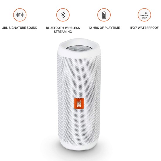 JBL Flip 4, Wireless Portable Bluetooth Speaker with Mic, Signature Sound with Bass Radiator, Vibrant Colors (White) JBL Flip 4, Wireless Portable Bluetooth Speaker with Mic, Signature Sound with Bass Radiator, Vibrant Colors (White)