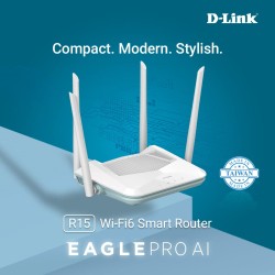 D-Link R15 AX1500 Eagle PRO AI Dual-Band Smart Router, Wi-Fi 6, 4 Gigabit Ports D-Link R15 AX1500 Eagle PRO AI Dual-Band Smart Router, Wi-Fi 6, 4 Gigabit Ports