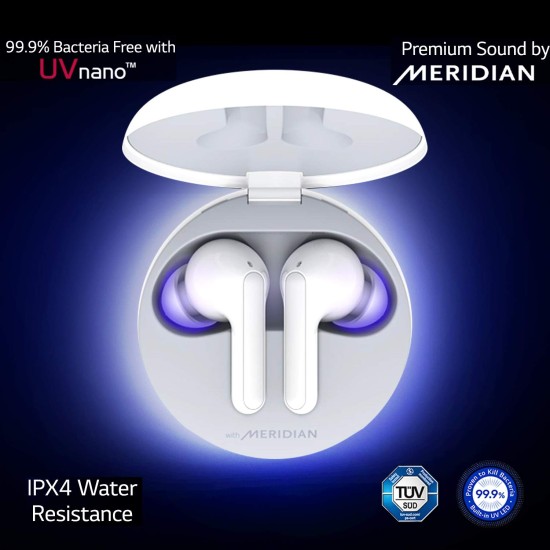 LG Tone Free FN6 UV Nano, Medical Grade Ear Gel, Meridian Sound, Wireless Charging, 18Hrs Battery Backup (White) LG Tone Free FN6 UV Nano, Medical Grade Ear Gel, Meridian Sound, Wireless Charging, 18Hrs Battery Backup (White)