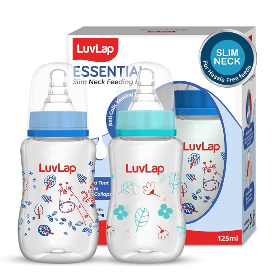 Luv Lap Anti-Colic Slim Regular Neck Essential BPA-Free Baby Feeding Bottle, 125ml, Pack of 2, Blue Green Luv Lap Anti-Colic Slim Regular Neck Essential BPA-Free Baby Feeding Bottle, 125ml, Pack of 2, Blue Green