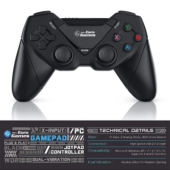 RPM Euro Games Laptop/PC Controller 2.4G Wireless Gamepad for Windows - 7, 8, 8.1,10, XP & PS3. Plug and Play with USB Dongle Connect RPM Euro Games Laptop/PC Controller 2.4G Wireless Gamepad for Windows - 7, 8, 8.1,10, XP & PS3. Plug and Play with USB Dongle Connect