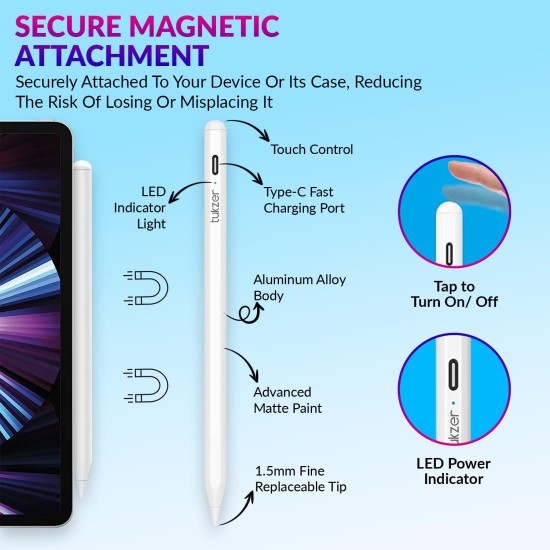 Tukzer Stylus Pen for iPad 2018-2023, iPad 10.2 Inch, Pro 11 Inch Palm Rejection & Tilt Sensitivity, Writing/Drawing (White) Tukzer Stylus Pen for iPad 2018-2023, iPad 10.2 Inch, Pro 11 Inch Palm Rejection & Tilt Sensitivity, Writing/Drawing (White)