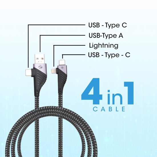 Zebronics UCLC65B 65 Watts PD Fast charging 4 in 1 cable with USB/Type C to Type C/Lightning connector Zebronics UCLC65B 65 Watts PD Fast charging 4 in 1 cable with USB/Type C to Type C/Lightning connector