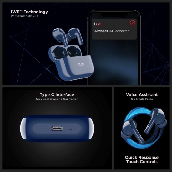 boAt Airdopes 161 TWS Earbuds with ASAP™ Charge, 17H Playtime, IWP™, Immersive Audio, IPX5, Touch Controls(Pebble Black)